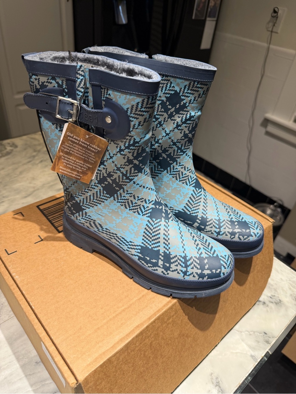 Western Chief Navy and Light Blue Plaid Men's Waterproof Rain Boots